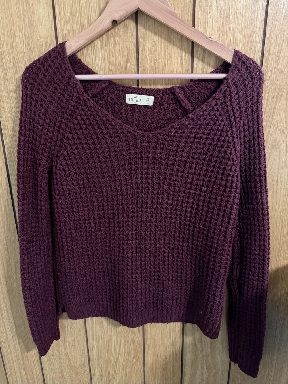 Hollister Waffle Knit Sweater Burgundy Long Sleeve Pullover Soft Cozy Size XS